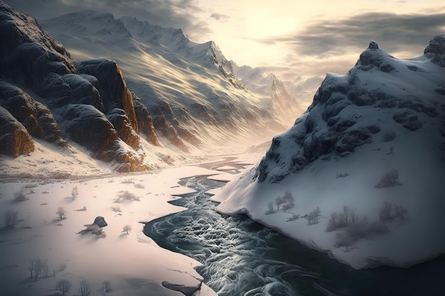 vista desde la cima donde el agua fluye entre montañas cubiertas de nieve