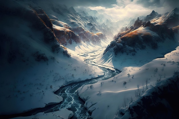 vista desde la cima donde el agua fluye entre montañas cubiertas de nieve