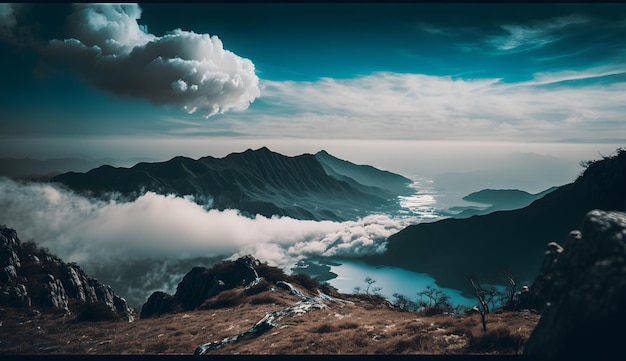 Vista desde la cima de la montaña cubierta por un mar de nubes ai generativo