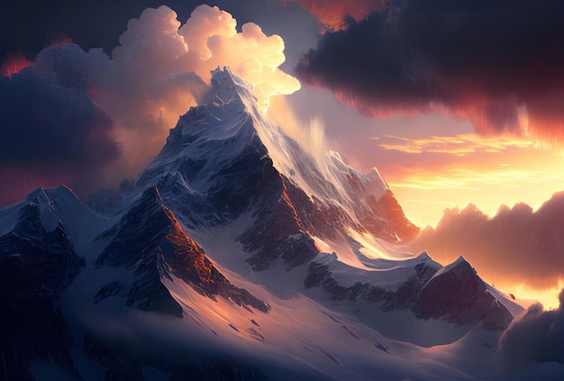 Vista de la cima del Monte Everest Nepal Arte generativo de IA Hermosa puesta de sol