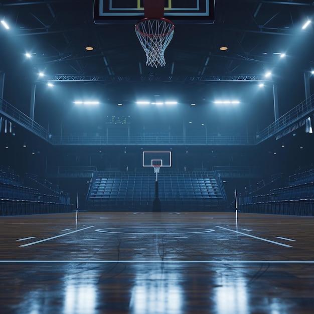 Vista cinematográfica de um estádio de basquete vazio