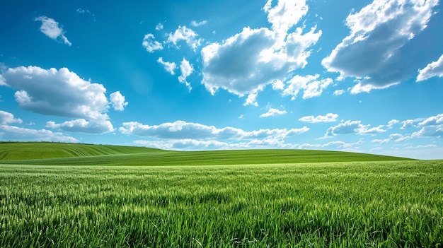 vista cinematográfica llamativa del campo verde y el cielo azul generado por ai