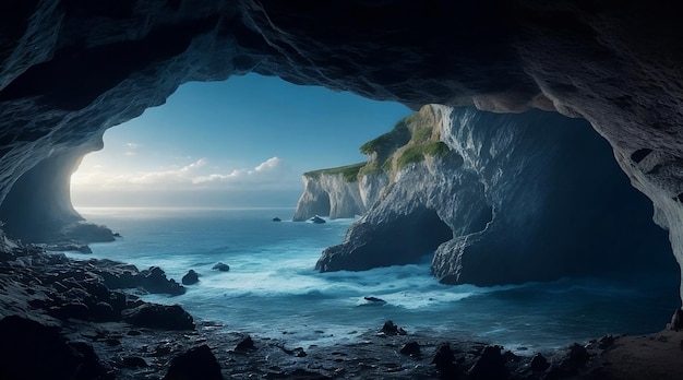 Una vista cinematográfica del océano desde una cueva IA generativa