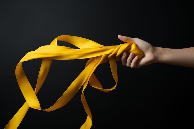 Vista de la cinta amarilla con manos humanas sobre fondo oscuro