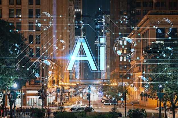 Vista de la ciudad del área del centro de Chicago Área del Millennium Park durante la noche Illinois EE. UU. Rascacielos Concepto de inteligencia artificial AI y robótica de redes neuronales de aprendizaje automático de negocios