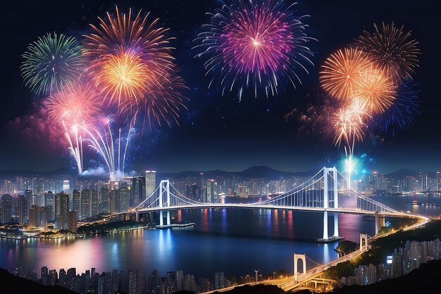 Vista de la ciudad de la bahía de Tokio y el puente arco iris de Tokio con hermosos fuegos artificiales