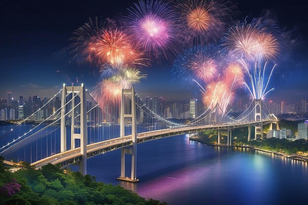 Vista de la ciudad de la bahía de Tokio y el puente arco iris de Tokio con hermosos fuegos artificiales