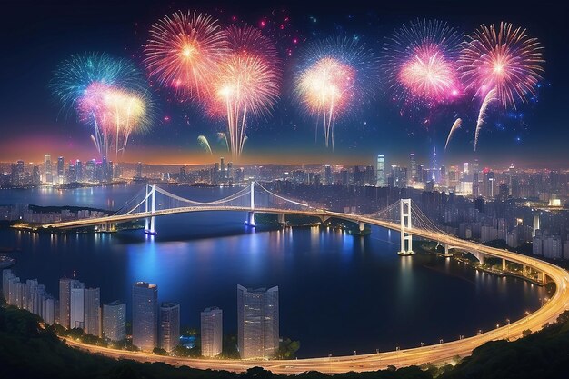 Vista de la ciudad de la bahía de Tokio y el puente arco iris de Tokio con hermosos fuegos artificiales