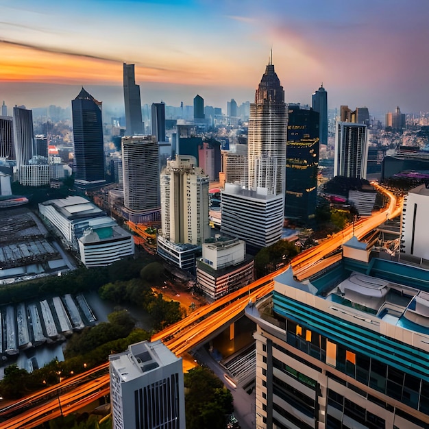 Vista de la ciudad de Bangkok al atardecer