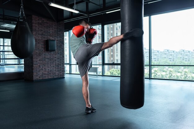 Vista de la ciudad. Boxeador hábil joven profesional trabajando duro activamente en el moderno gimnasio con vista a la ciudad