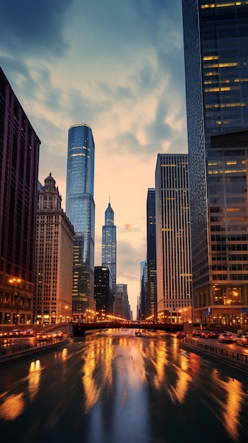 Vista de la ciudad de Chicago desde el río durante la orientación vertical del atardecer Generativo ai