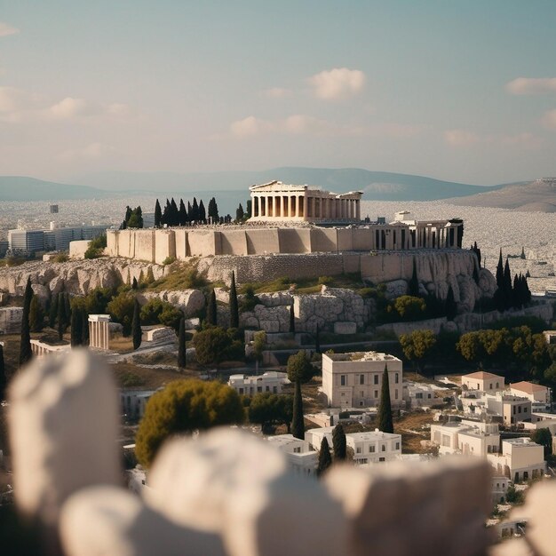 Foto una vista de la ciudad desde la cima de una colina.