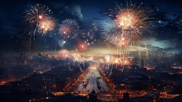 vista de la ciudad de dibujos animados con coloridos fuegos artificiales