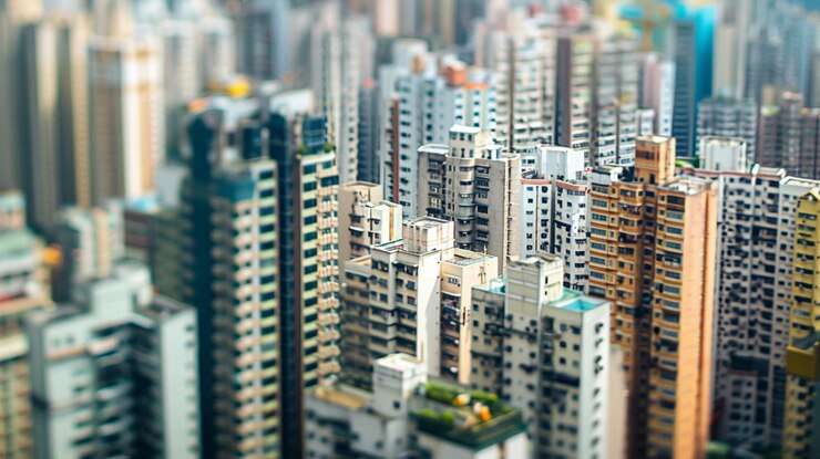 una vista de la ciudad con edificios altos y un letrero que dice una cita en él