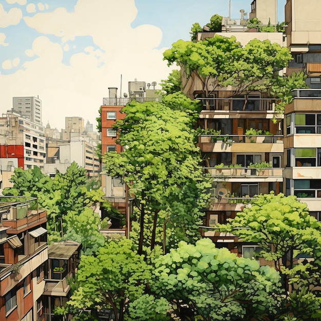 Foto vista de la ciudad con edificios de apartamentos y vegetación verde