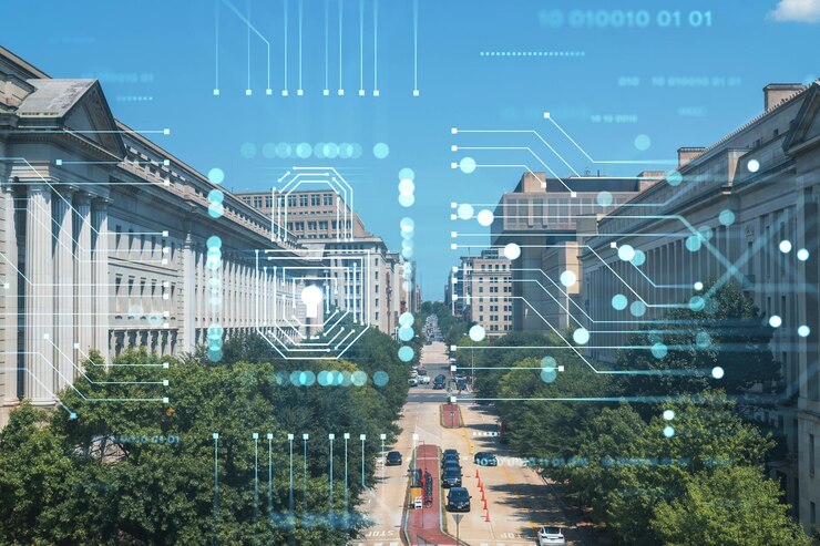 Foto vista de la ciudad de edificios icónicos en washington dc ee.uu. centro político central de los estados unidos de américa el concepto de seguridad cibernética para proteger el holograma de candado de información confidencial