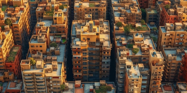 Una vista de una ciudad con edificios en primer plano y el sol brillando en la esquina superior izquierda.