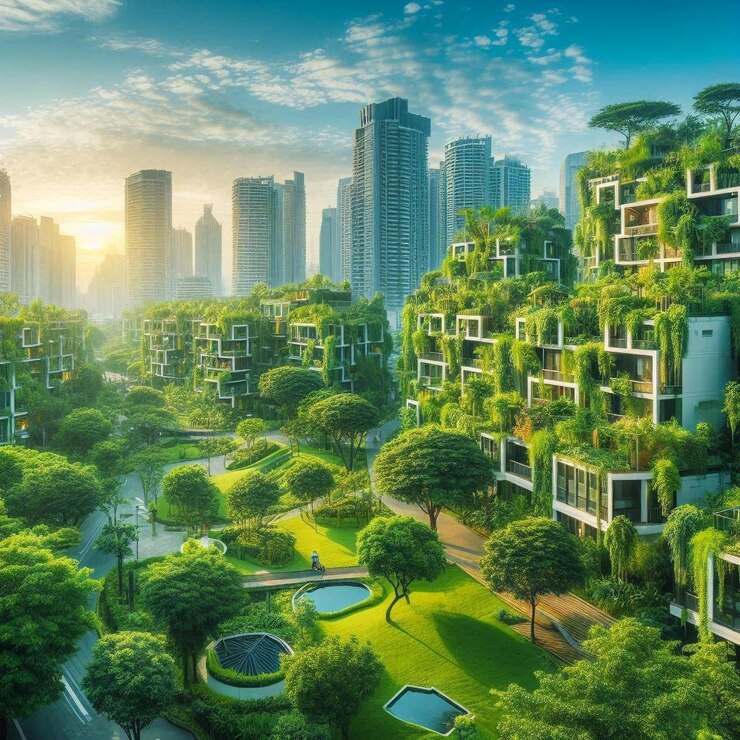 Vista de la ciudad futurista con un árbol verde en la parte superior