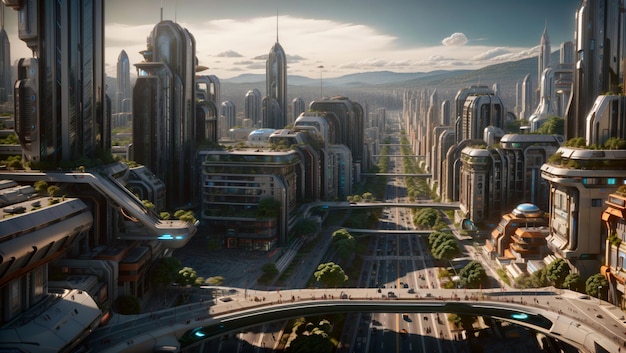 Vista de una ciudad futurista con un entorno natural, energía solar, naturaleza en los edificios de la ciudad.