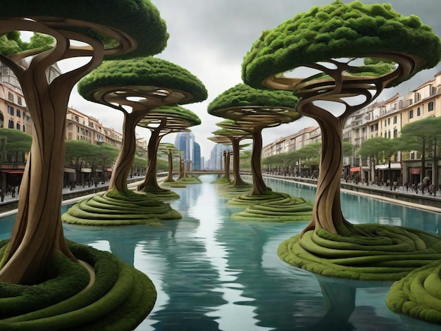 Vista de una ciudad futurista con mucha vegetación y vegetación Día Mundial de Educación Ambiental