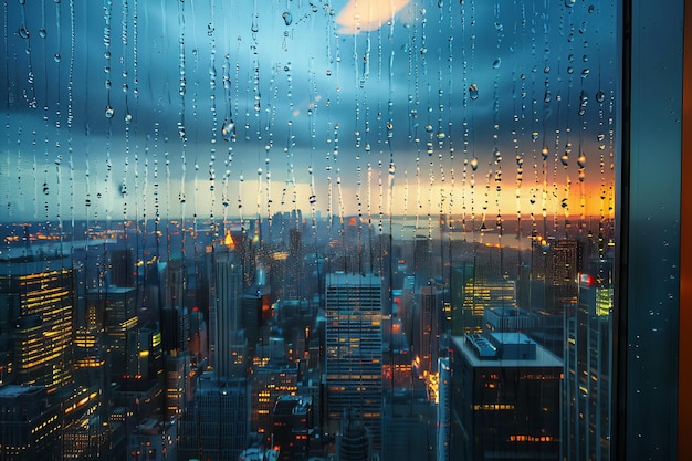 Una vista de la ciudad con gotas de lluvia en la ventana