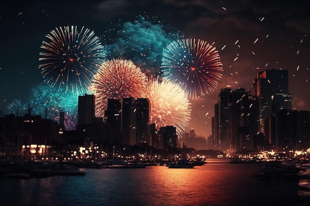 Vista de la ciudad con hermosos fuegos artificiales en el cielo nocturno IA generativa