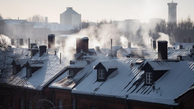 Una vista de una ciudad con humo saliendo de las chimeneas