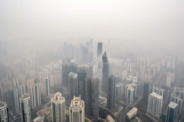 Vista de la ciudad llena de smog con rascacielos y otros edificios visibles a través de la neblina