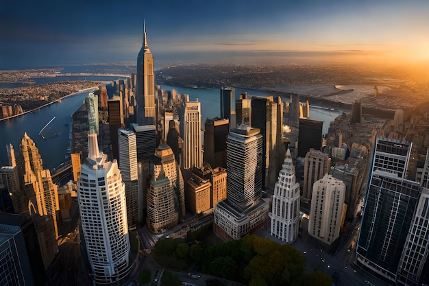 Una vista de la ciudad de manhattan desde lo alto de un rascacielos.