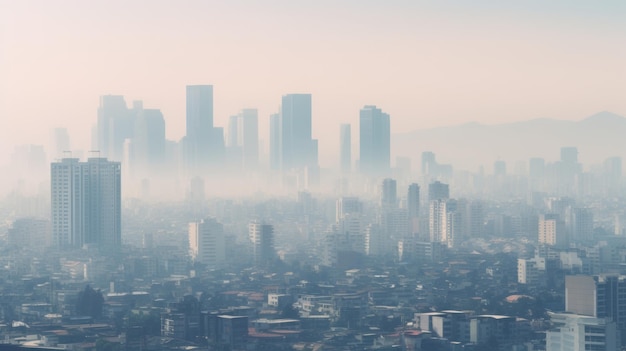 Una vista de una ciudad en la niebla