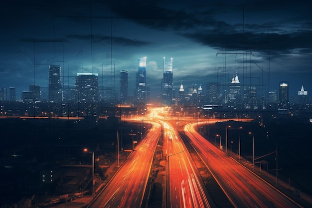 vista de la ciudad por la noche con tráfico y luz de sendero