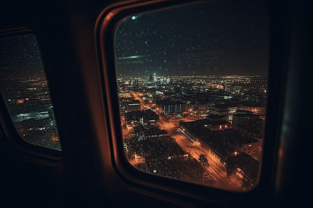 Vista de la ciudad nocturna desde la ventana del avión Paisaje urbano nocturno Viajes y turismo IA generativa