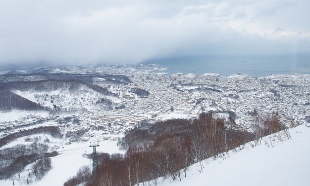 Vista de la ciudad de Otaru desde la montaña Tenguyama en invierno