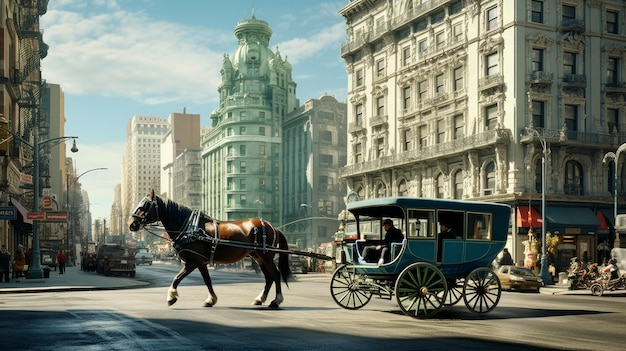 vista de una ciudad de principios del siglo XX con carruajes de caballos en la carretera IA generativa