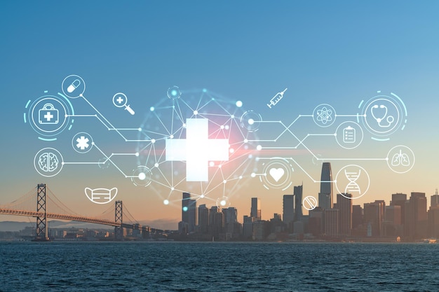 Vista de la ciudad Puente de la bahía y Panorama del horizonte de San Francisco desde la puesta de sol de Treasure Island California Estados Unidos Holograma de medicina digital de atención médica El concepto de tratamiento y prevención de enfermedades