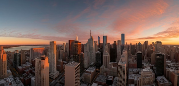 Una vista de una ciudad con la puesta de sol detrás de ella