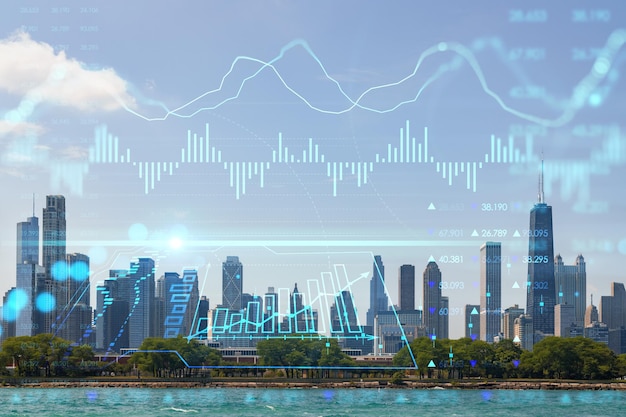 Vista de la ciudad Rascacielos del centro Panorama del horizonte de Chicago Área del puerto del lago Michigan durante el día Illinois EE. UU. Holograma gráfico de Forex El concepto de corretaje de comercio por Internet y análisis fundamental