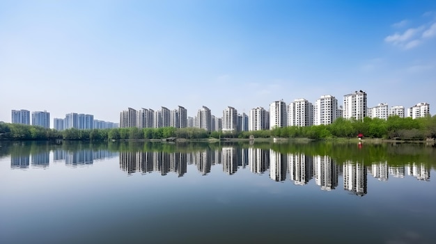 Foto vista de la ciudad con reflejo de agua.