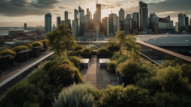 Una vista de una ciudad desde el techo de un edificio con techo verde y plantas.