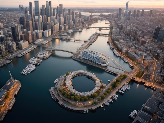 Vista de la ciudad urbana con el río en el medio