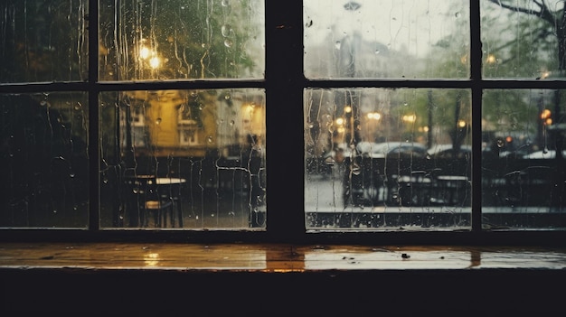 Vista de la ciudad vieja lluviosa a través de la ventana de vidrio con marco de madera vintage