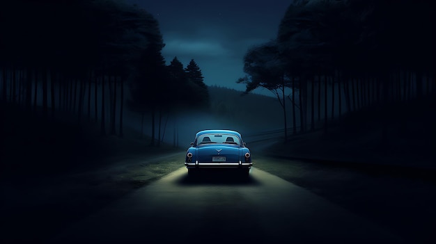 Vista de un coche azul corriendo a alta velocidad en la carretera