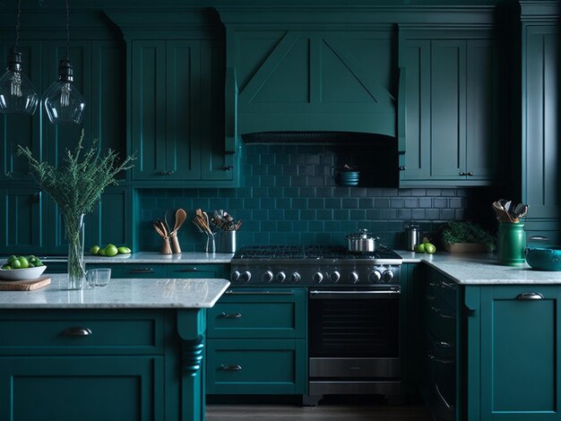Vista de una cocina verde muy bien decorada