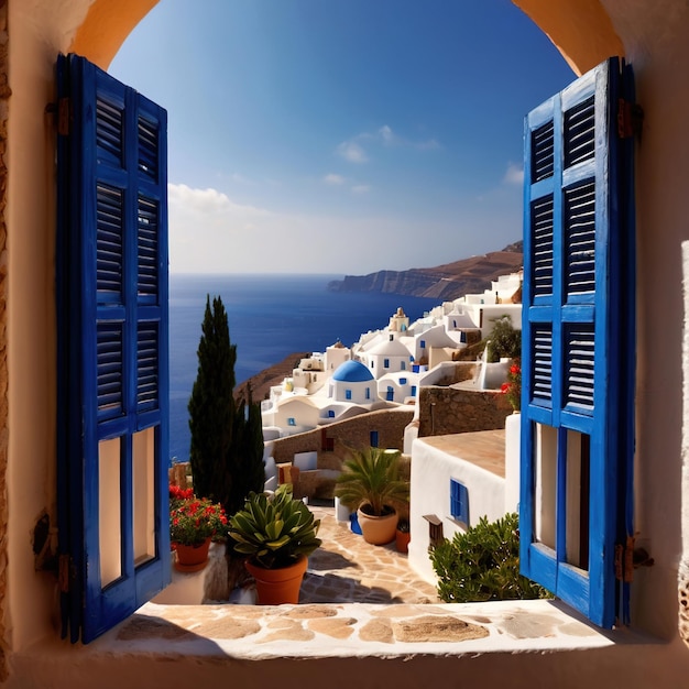 Vista de la colina del destino turístico mediterráneo de Santorini vacaciones de verano