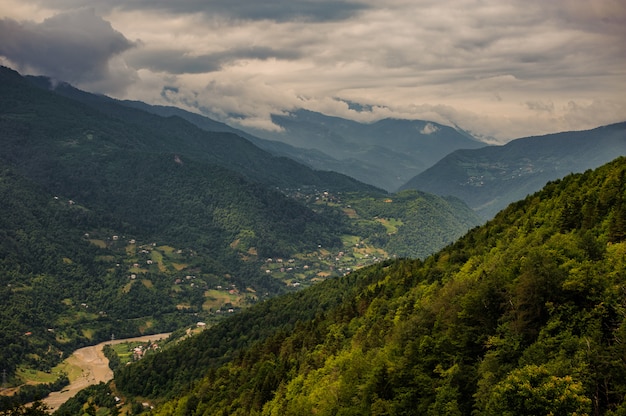 Vista desde las colinas cubiertas de árboles verdes con montañas bajo el cielo nublado