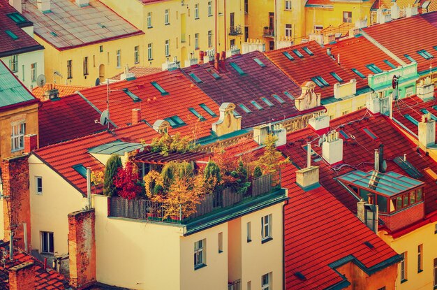 Vista a los coloridos techos y casas de Vysegrad en Praga, República Checa en otoño con jardín, viaje de fondo hipster vintage estacional