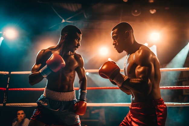 Vista de un combate de boxeo en el ring generativo ai