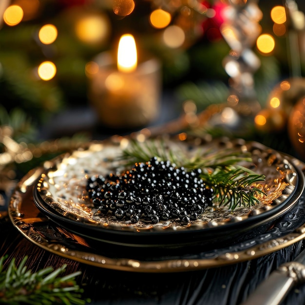 Vista completa del plato con caviar negro y fondo festivo de Navidad ligero