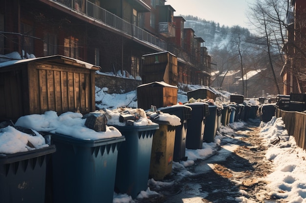 Vista de los contenedores de basura en la ciudad en un día de invierno