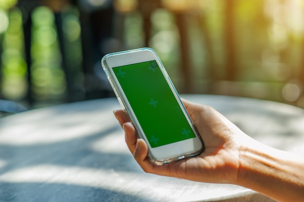 La vista se corta de la mano de la mujer que sostiene un teléfono inteligente con una pantalla en blanco para el texto